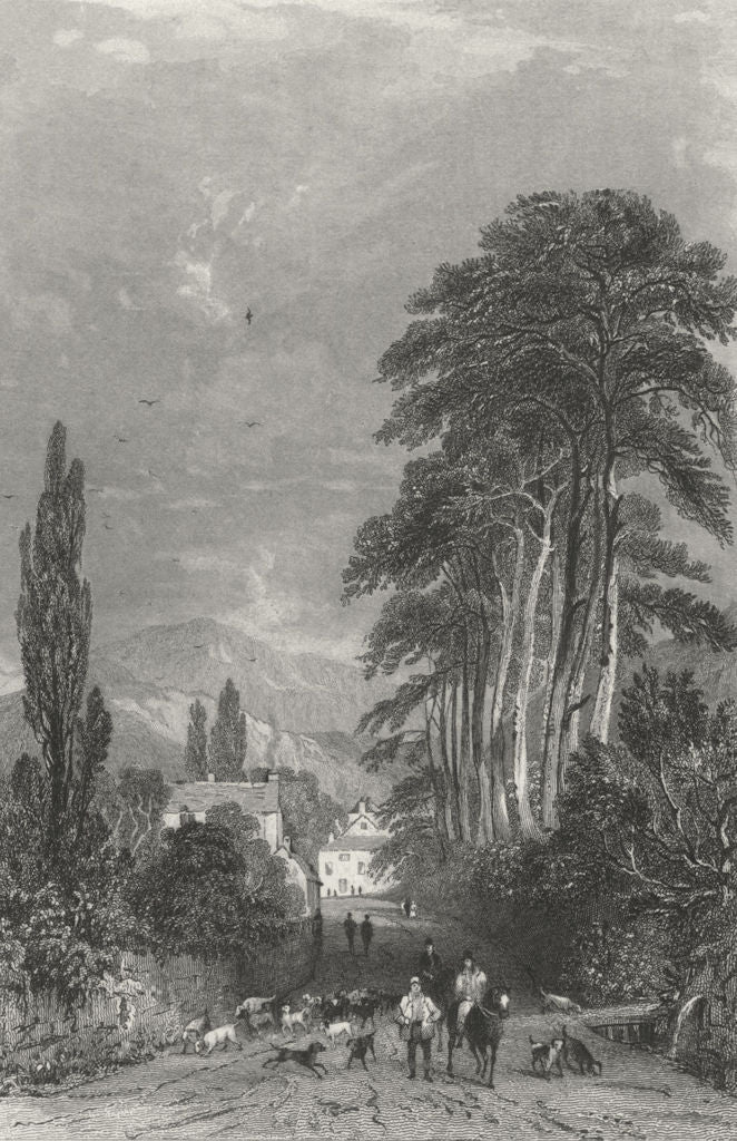 AMBLESIDE. Approach to , Westmorland. Hounds Horse 1832 old antique print